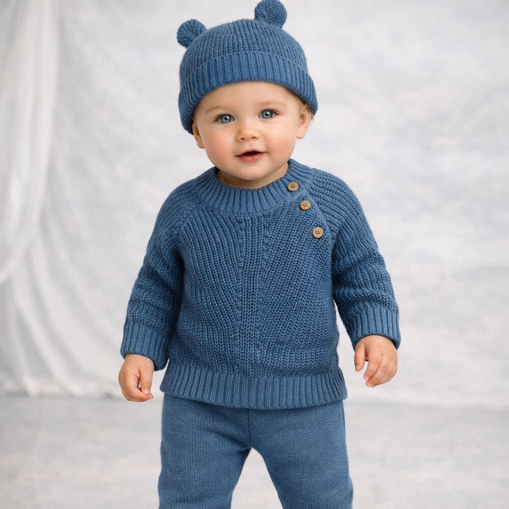 NEW Nordstrom Baby 3-Piece Knit Sweater Pants Hat Set Blue 3 Months